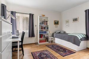 A clean modern, bedroom scene